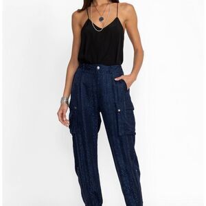 Biya Johnny Was NWOT Kiarra Women's Jacquard Pants Blue‎ Night Moto Joggers Sz 6